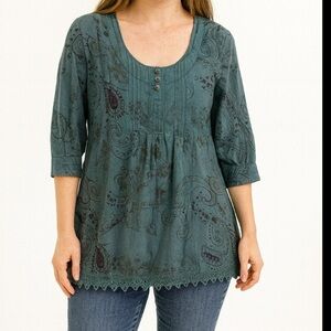 Lilibleu top blouse shirt womens medium M teal pleated artsy art to wear boho